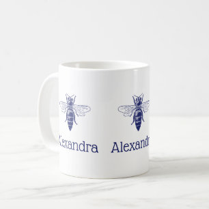 Antik teckning av drottningbin i blått kaffemugg
