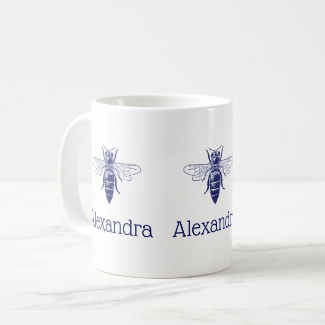 Antik teckning av drottningbin i blått kaffemugg (Framsida vänster)