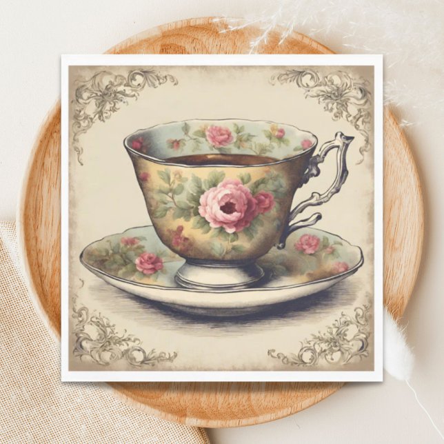 Antik Teekopp Blommig Bröllopsdusch Tesalong Pappersservett (Vintage TeaCup Floral Bridal Shower Tea Party Napkins)