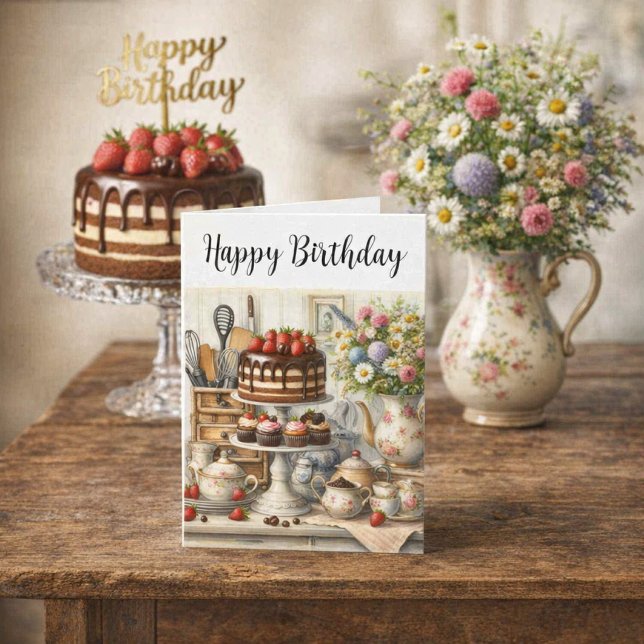 Antik Tekanna Tekop och Chokladtårta Födelsedag  Kort (Chocolate dreams and birthday wishes a cozy kitchen celebration wrapped in vintage charm and sweet)