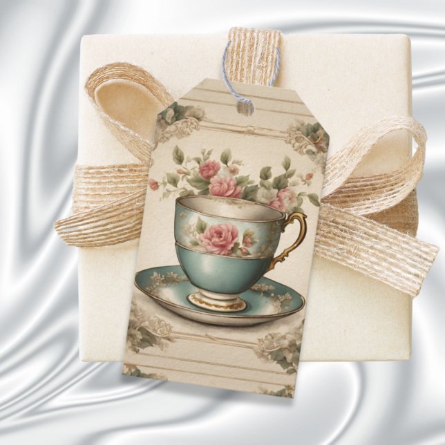 Antik Tekop Blommig Bröllopsdusch Tesällskap Presentetikett (Vintage Tea Cup Floral Bridal Shower Tea Party Gift Tags)
