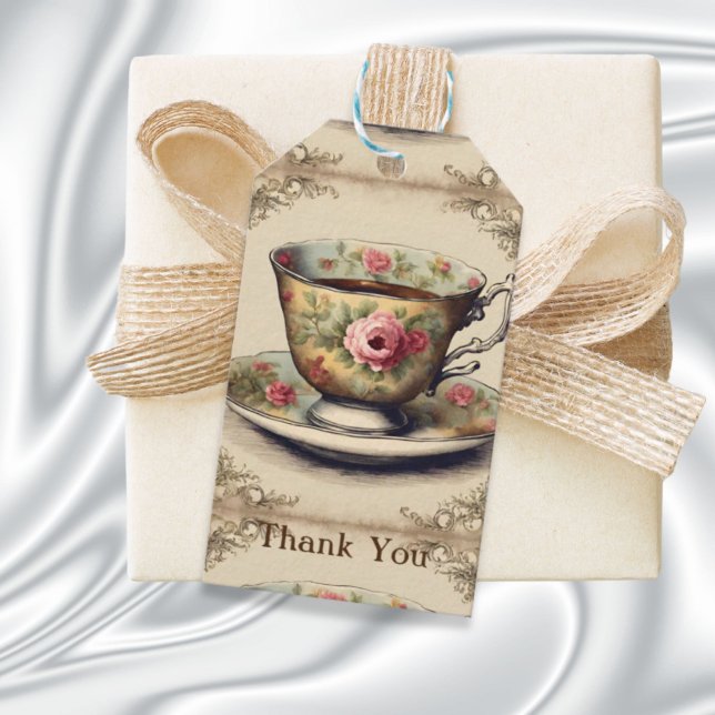 Antik TeKopp Blommig Bröllopsdusch Tesällskap Presentetikett (Vintage TeaCup Floral Bridal Shower Tea Party Gift Tags)