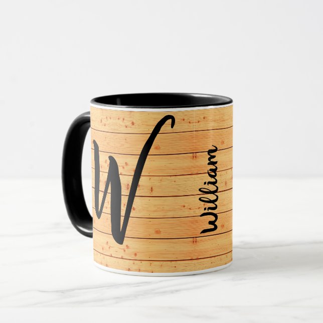 Antik Trä Namn Monogram, Vintage Utseende Kaffe Mugg (Framsida vänster)