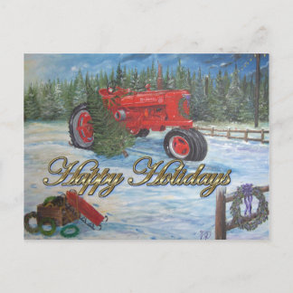 Antik Traktor God Jul på en Julgranfarm Helg Vykort