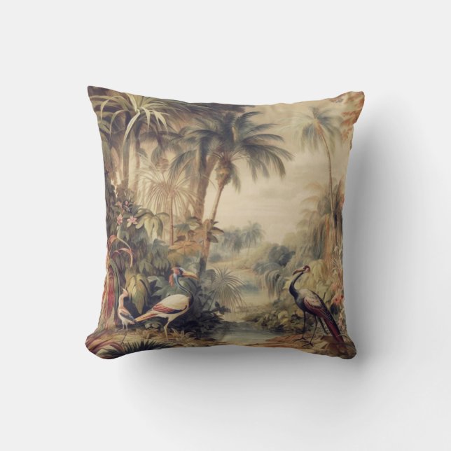 Antik Tropisk Trana & Palm Botanisk Konst Kudde (Framsida)
