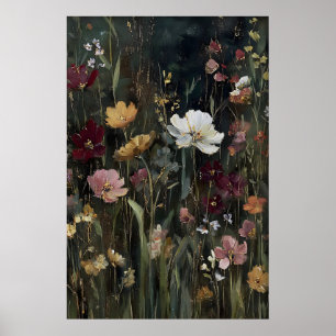 Antik tryckning av vilda blommor, vårblommor konst poster