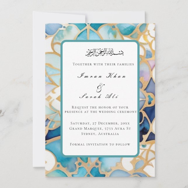 Antik turkos arabesk muslimsk bröllopskort spara datumet (Framsida)