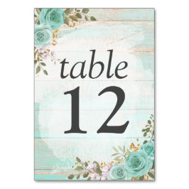 Antik Turkos Rustik Trä Blommig Ros Bröllop Bordsnummer