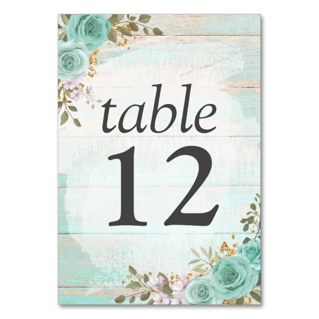 Antik Turkos Rustik Trä Blommig Ros Bröllop Bordsnummer (Framsidan)