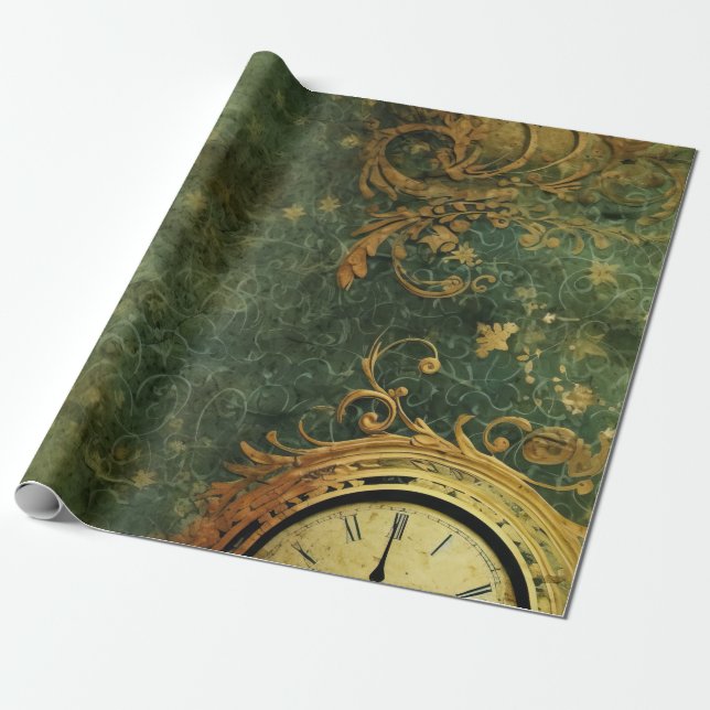 Antik Urverk Smaragdgrön Steampunk Presentpapper (Utrullad)