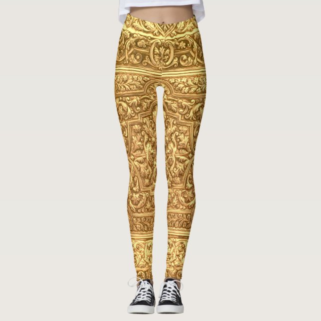 Antik utsmyckande gyllene blommönster leggings (Framsida)