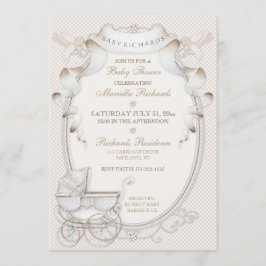 Antik vagn Elfenbensfärgad Crème Rutig Fåglar Inbjudningar