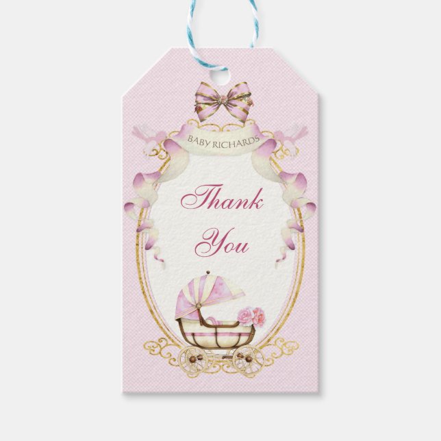 Antik vagn Rosa Guldrosar Gingham  Presentetikett (Framsidan)