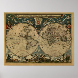 Antik världskarta av Joan Blaeu, circa 1664 Poster