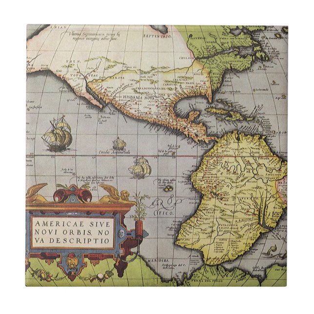 Antik världskarta över Amerika av Abraham Ortelius Kakelplatta (Framsidan)