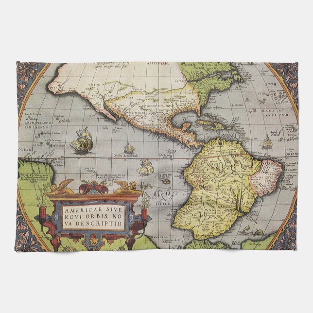 Antik världskarta över Amerika av Abraham Ortelius Kökshandduk (Horisontell)