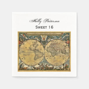 Antik världskarta, vit bakgrund SQ Sweet 16 Pappersservett