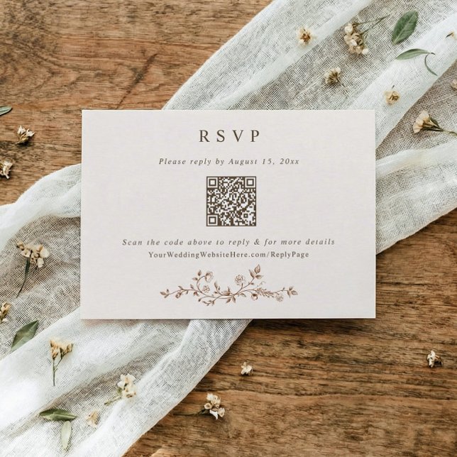 Antik Viktoriansk Brun & Crème Bröllpskod QR-kod OSA Kort (Vintage French brown wedding QR code RSVP card with elegant chinoiserie floral frame)