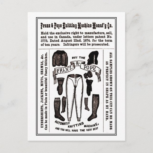Antik viktoriansk stickmaskin annons vykort (Framsida)