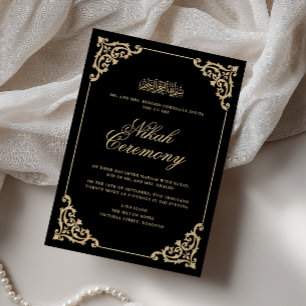 Antik Vintage Barock Svart Guld Nikah-ceremoni Inbjudningar