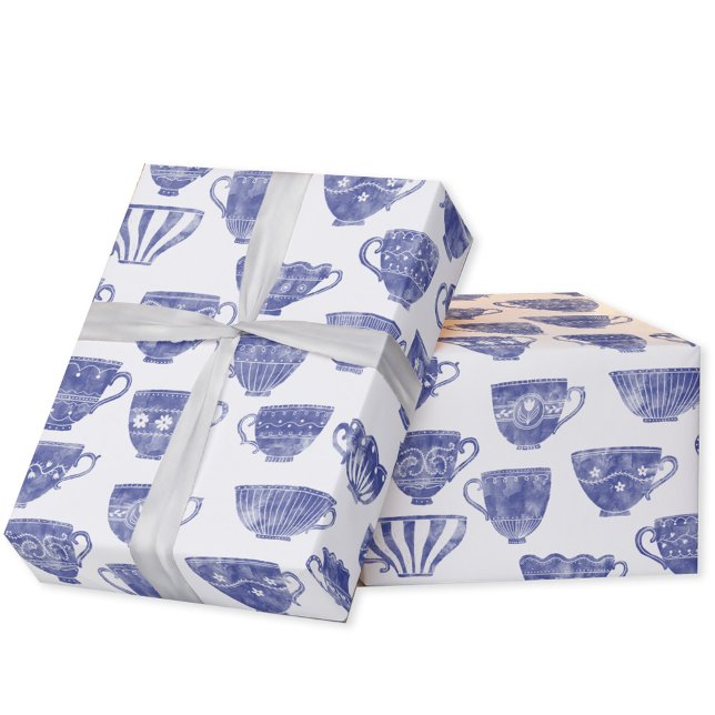 Antik Vintage Blå Tekop Vattenfärg Presentpapper (Antique vintage blue and white watercolor teacup pattern gift wrap paper roll)