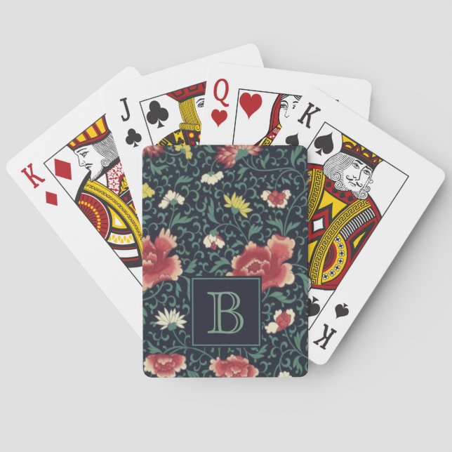 Antik Vintage Vacker Blommig Monogram Casinokort (Baksidan)