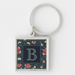 Antik Vintage Vacker Blommig Monogram Fyrkantig Silverfärgad Nyckelring