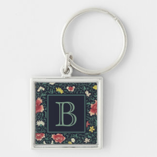 Antik Vintage Vacker Blommig Monogram Fyrkantig Silverfärgad Nyckelring