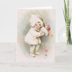 Antik vintersnöbaby & blommahälsningkort helgkort