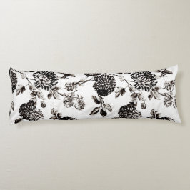 Antik vit & svart botaniska blom- Toile Kroppskudde