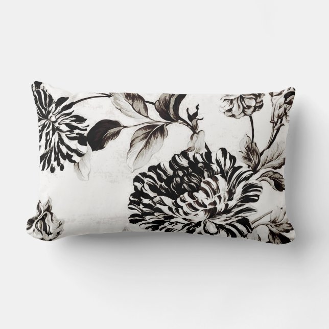 Antik vit & svart botaniska blom- Toile No.2 Lumbarkudde (Framsida)