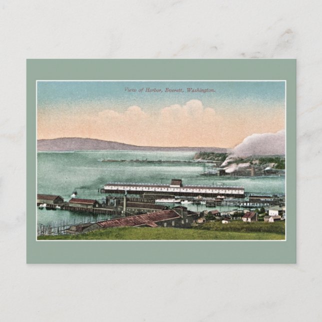Antik vy från cirka 1910 av hamnen i Everett, WA Vykort (Framsida)