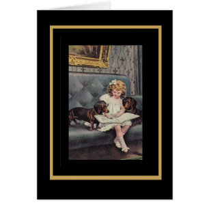 Antik vykort liten flicka läser för hundar hälsningskort