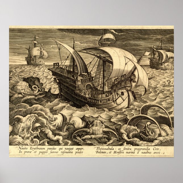 Antika 1590 Fartyg Och Havsmonster Poster (Framsidan)