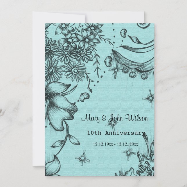 antika årsdagen för svart och blå blommigt i stil inbjudningar (Framsida)