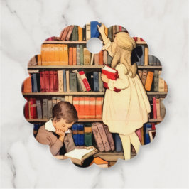 Antika barn som läser bibliotekböcker gåvor etiketter