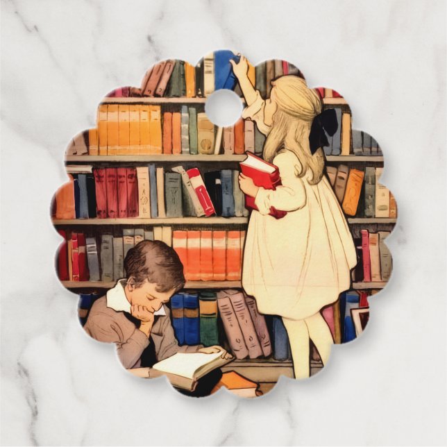 Antika barn som läser bibliotekböcker gåvor etiketter (Framsida)
