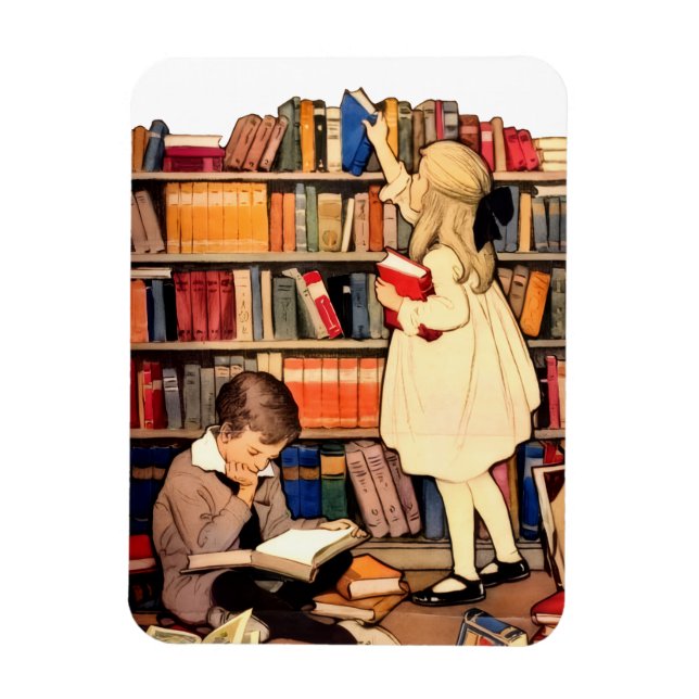 Antika barn som läser bibliotekböcker magnet (Vertikal)
