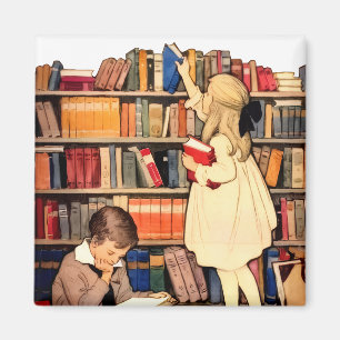 Antika barn som läser bibliotekböcker magnet