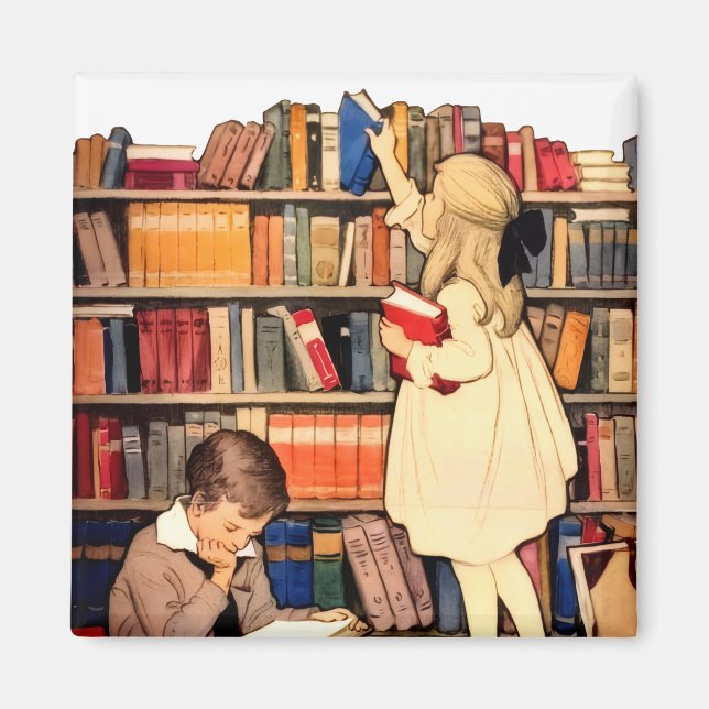 Antika barn som läser bibliotekböcker magnet (Framsidan)