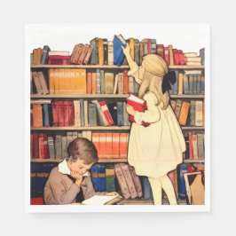 Antika barn som läser bibliotekböcker pappersservett