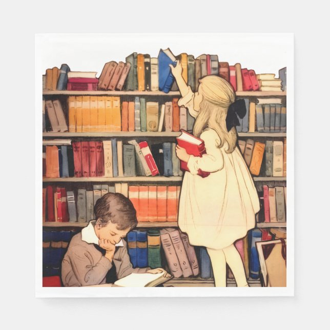 Antika barn som läser bibliotekböcker pappersservett (Framsidan)