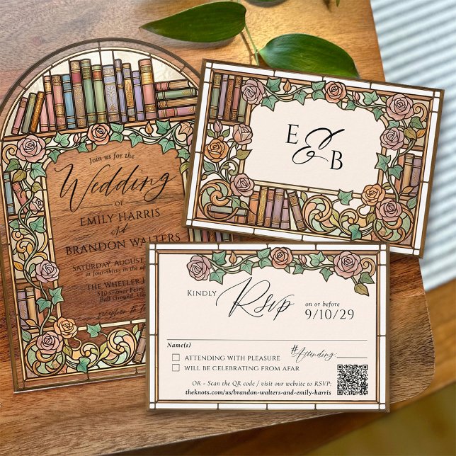 Antika bibliotek böcker glasmålning bröllop QR OSA Kort (Elegant vintage books floral colorful pastel stained glass QR code wedding invitation rsvp card)
