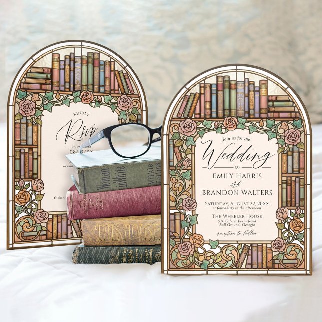 Antika bibliotekböcker Stained Glass Valvbåge Bröl Inbjudningar (Elegant vintage books floral colorful pastel bookish stained glass QR code arch wedding invitation)
