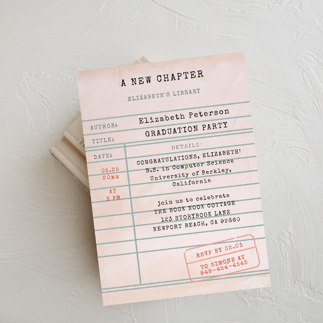 Antika Bibliotekskort Bokälskare Examenfest Inbjudningar (book lover graduation party invitation library card vintage pink bookworm literary librarian type)