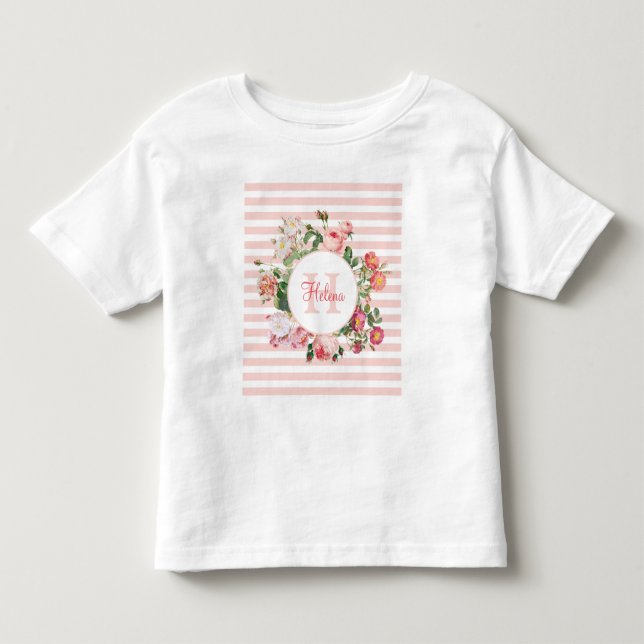Antika blommor rosa ränder monogram t shirt (Framsida)