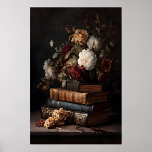 Antika böcker & blommor Mörk akademi Stilleben Poster