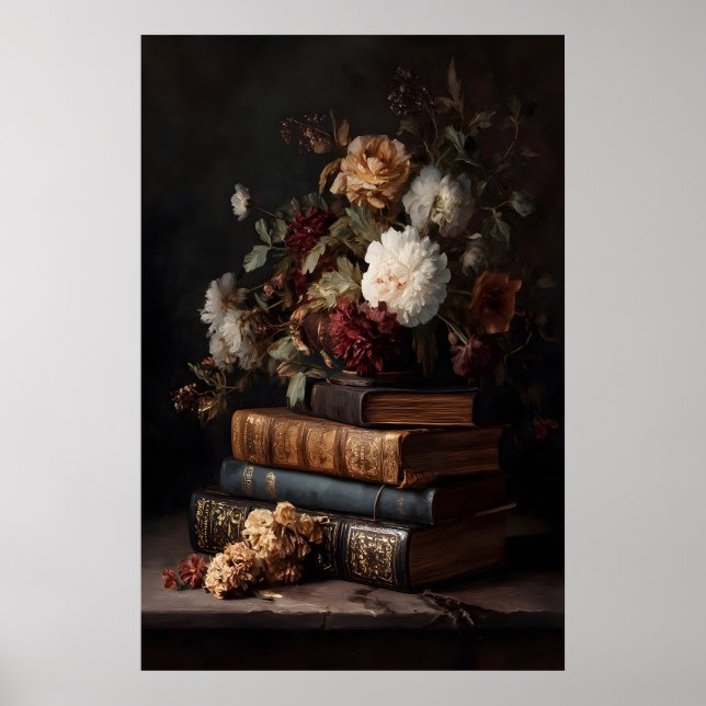 Antika böcker & blommor Mörk akademi Stilleben Poster (Framsidan)