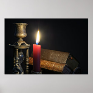 Antika böcker och timglas på mörk bakgrund poster
