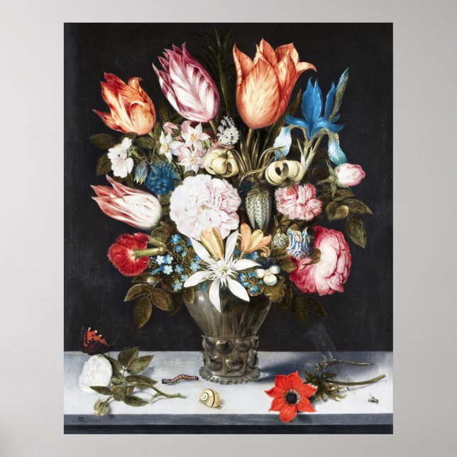 Antika Bosschaert Holländska Tulpaner och Rosor Ko Poster (Framsidan)